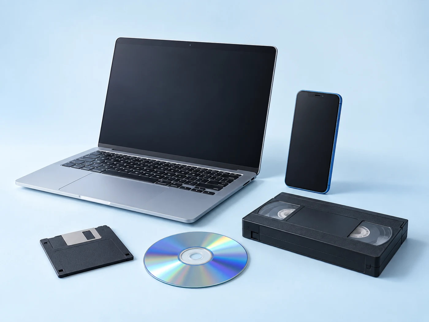 Komputer, telefon i stare nośniki: kaseta VHS, płyta CD oraz dyskietka